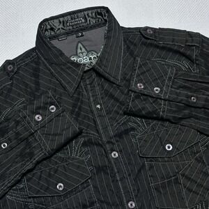 Roar Button Up Shirt Mens Small Black Western Rocker Grunge Striped Embroidered